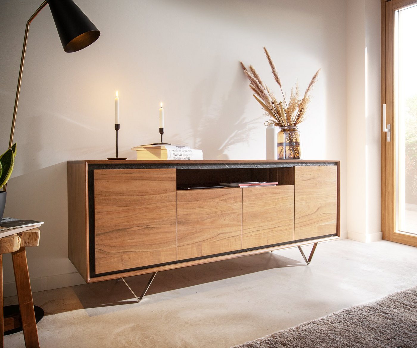 DELIFE Sideboard Stonegrace, Akazie Natur 175 cm 4 Türen 1 Fach Steinfurnier V-Fuß Sideboard von DELIFE