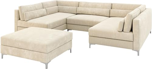 DELIFE Sofa Elio Cord Beige 300x185 cm mit Hocker Wohnlandschaft von DELIFE