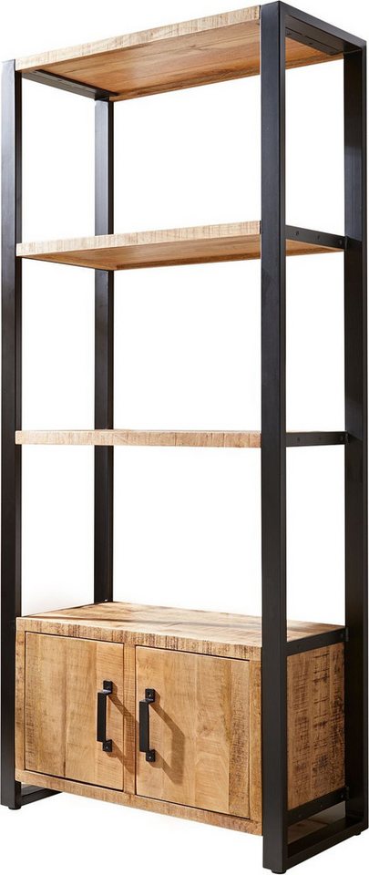 DELIFE Standregal Crompton, Mango Natur Metall Schwarz 80x185 cm 3 Fächer 2 Türen Regal von DELIFE