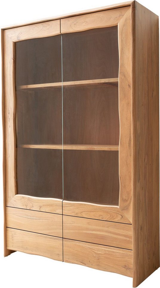 DELIFE Vitrine Live-Edge Akazie Natur 60x190 cm 1 Tür 2 Schubladen Massiv Highboard von DELIFE