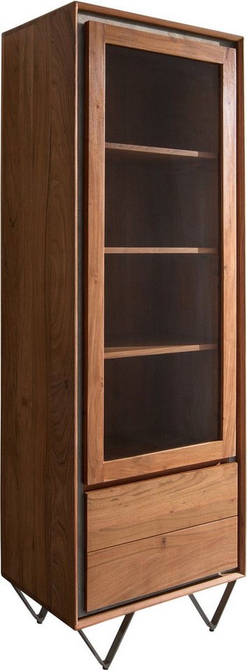 DELIFE Vitrine Stonegrace Akazie Braun Steinfurnier 55x180 cm 1 Tür 2 Schübe V-Fuß Schwarz von DELIFE