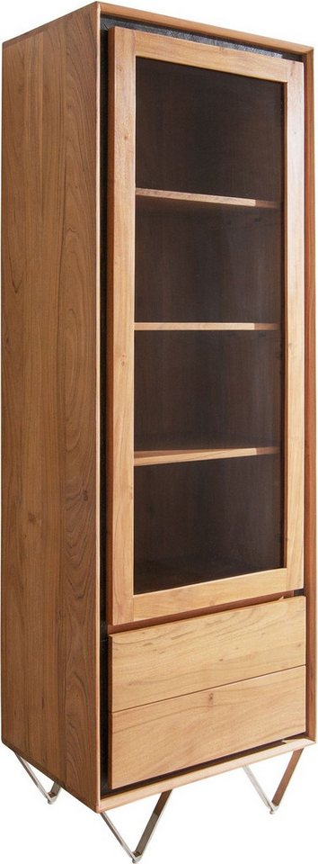 DELIFE Vitrine Stonegrace Akazie Natur 55x180 1 Tür 2 Schubladen Steinfurnier V-Fuß Vitrine von DELIFE