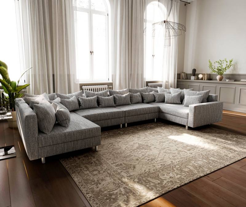 DELIFE Wohnlandschaft Clovis, XL Hellgrau Strukturstoff mit Armlehne Wohnlandschaft modular von DELIFE