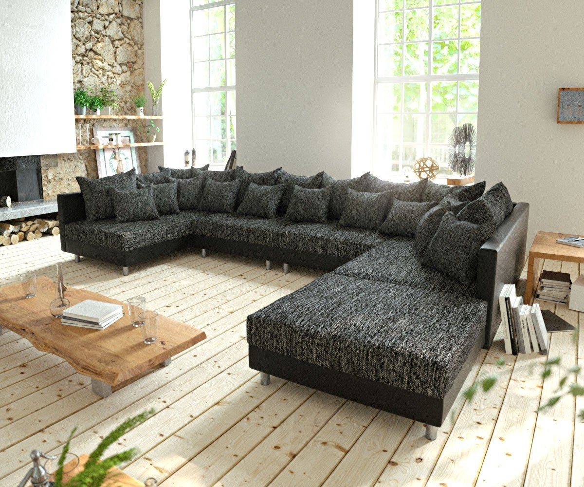 DELIFE Wohnlandschaft Clovis, XL Schwarz mit Hocker Wohnlandschaft Modulares Sofa von DELIFE