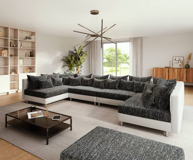 DELIFE Wohnlandschaft Clovis, XL Weiss Schwarz mit Hocker Wohnlandschaft Modulsofa von DELIFE