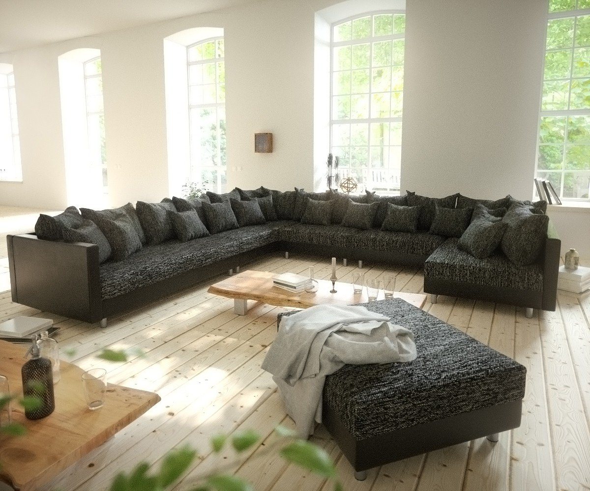 DELIFE Wohnlandschaft Clovis, XXL Schwarz mit Hocker Ottomane Links Wohnlandschaft Modulsofa von DELIFE