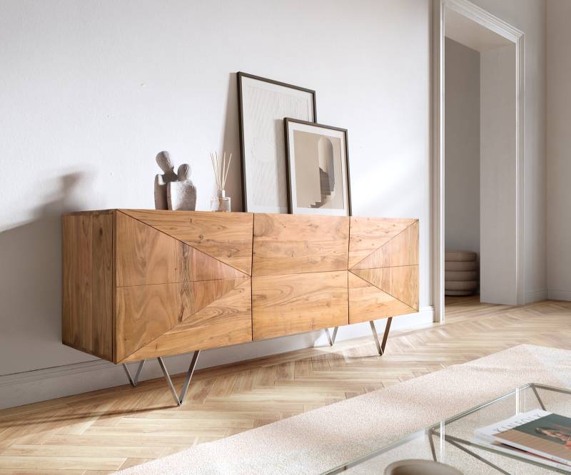 Design-Sideboard Wyatt 175 cm 3D Optik mittig Akazie Natur Edelstahl von DELIFE