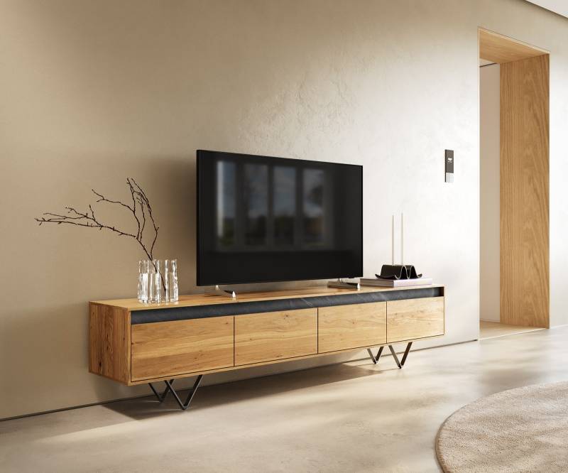 Designer-Lowboard Stonegrace 200 cm Eiche Natur Schiefer 4 Schübe V-Fuß Metall Schwarz von DELIFE
