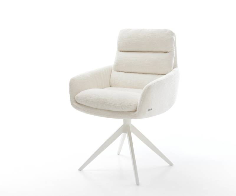 Drehstuhl Abelia-Flex mit Armlehnen Bouclé Soft Beige Kreuzgestell breit Weiß 360° drehbar Wippfunktion von DELIFE