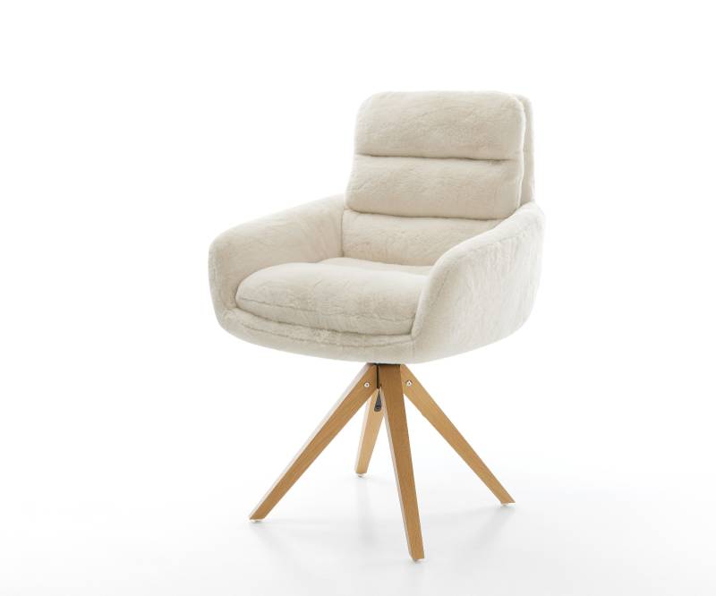 Drehstuhl Abelia-Flex mit Armlehnen Plüsch Creme-Weiß Holzgestell kantig Natur 180° drehbar von DELIFE