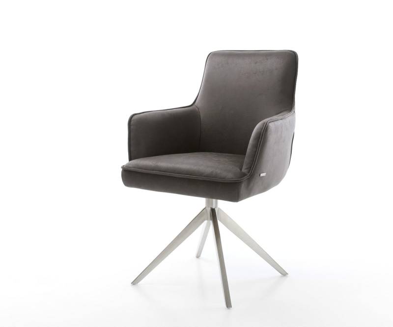 Drehstuhl Heira-Flex mit Armlehnen Mikrofaser Anthrazit Vintage Kreuzgestell breit Edelstahl 360° drehbar Wippfunktion Taschenfederkern von DELIFE