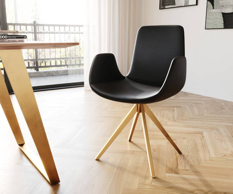 Drehstuhl Ilia-Flex mit Armlehnen Echt-Leder Schwarz Kreuzgestell kantig Gold 180° drehbar von DELIFE