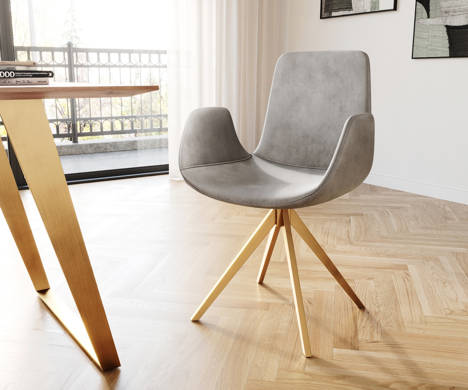 Drehstuhl Ilia-Flex mit Armlehnen Samt Grau Kreuzgestell kantig Gold 180° drehbar von DELIFE