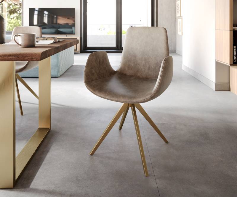 Drehstuhl Ilia-Flex mit Armlehnen Mikrofaser Taupe Vintage Kreuzgestell kantig Gold 180° drehbar von DELIFE