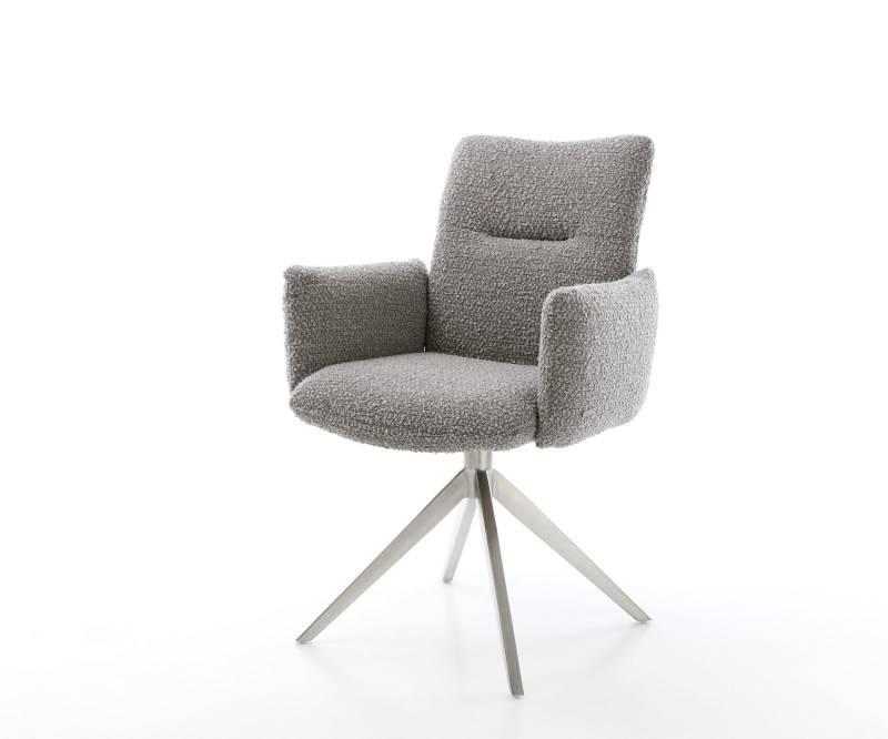 Drehstuhl Jova-Flex mit Armlehnen Bouclé Silbergrau Kreuzgestell breit Edelstahl 360° drehbar Wippfunktion Taschenfederkern von DELIFE