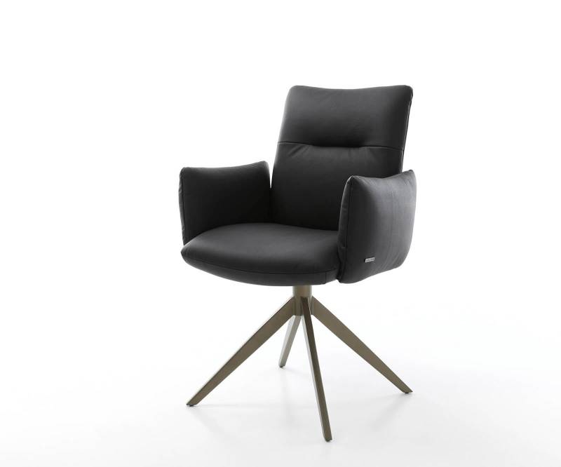 Drehstuhl Jova-Flex mit Armlehnen Echt-Leder Schwarz Kreuzgestell breit Effektfinish Titan 360° drehbar Taschenfederkern von DELIFE