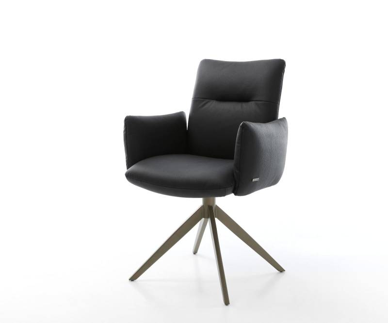 Drehstuhl Jova-Flex mit Armlehnen Echt-Leder Schwarz Kreuzgestell breit Effektfinish Titan 360° drehbar Wippfunktion Taschenfederkern von DELIFE