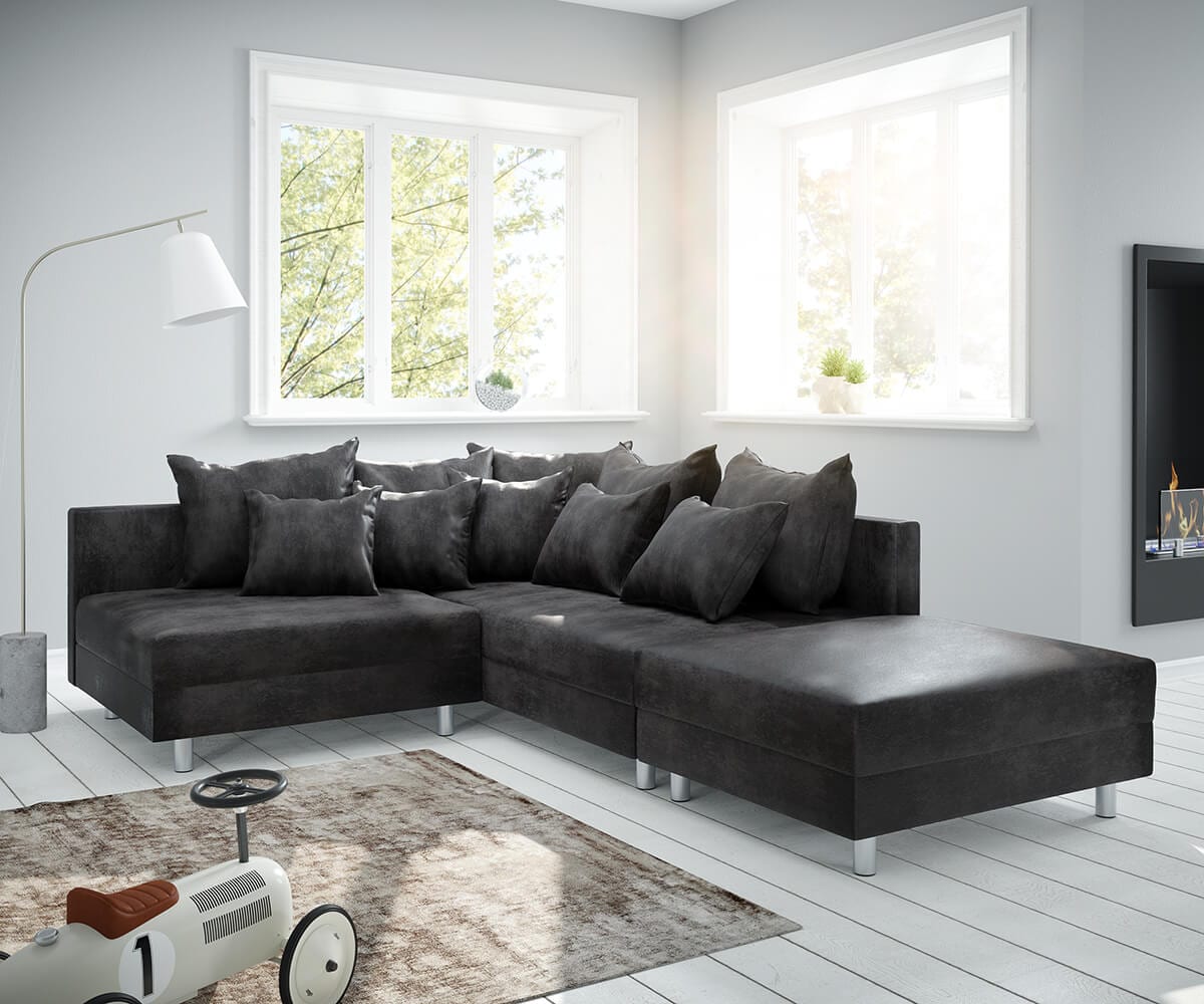 Ecksofa Clovis Anthrazit Antik Optik Modular Hocker Ottomane Rechts von DELIFE