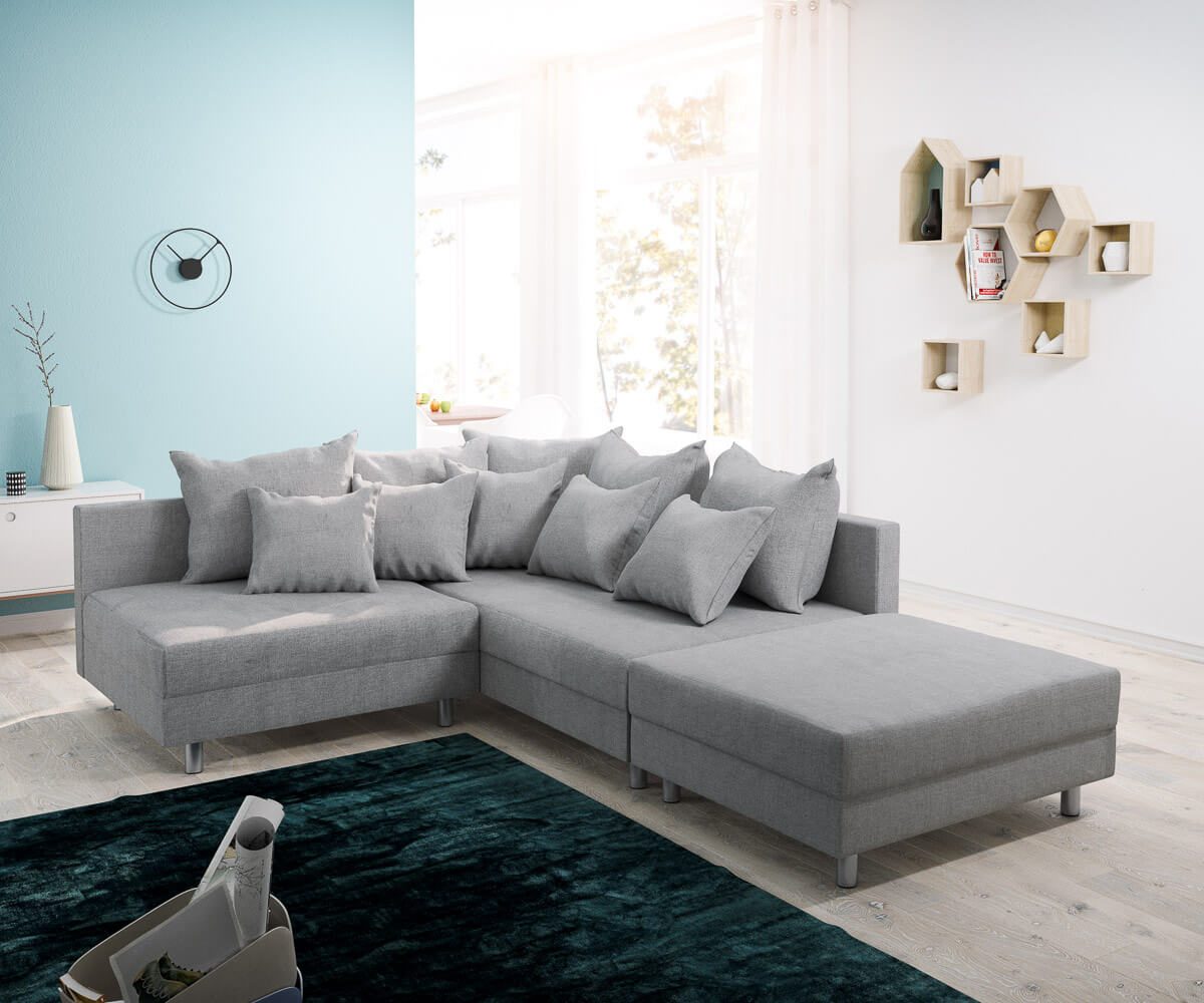 Ecksofa Clovis Grau Flachgewebe Hocker Ottomane Rechts Modulsofa von DELIFE