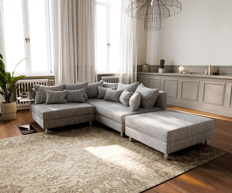 Ecksofa Clovis Hellgrau Strukturstoff Hocker Ottomane Rechts Modulsofa von DELIFE