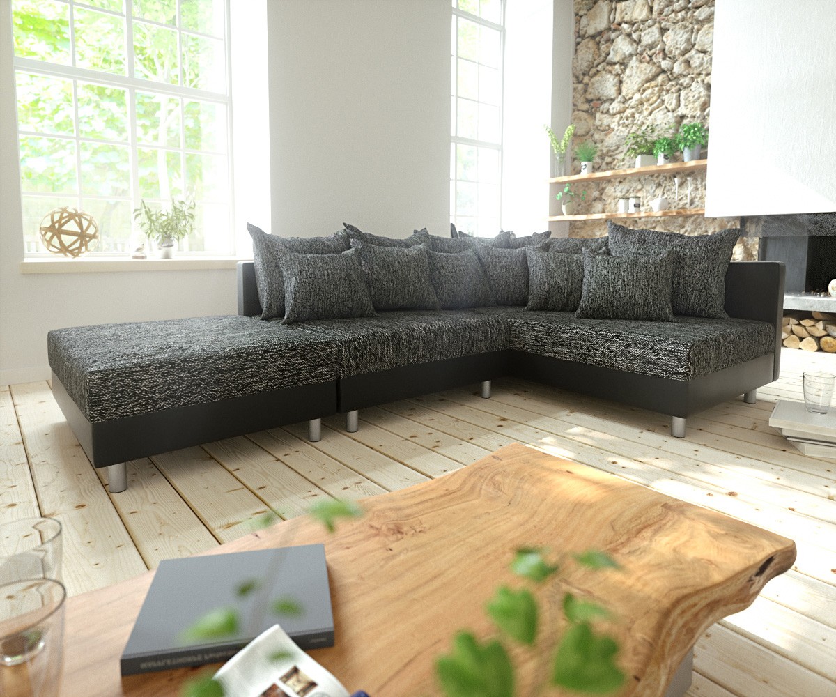 Ecksofa Clovis Schwarz mit Hocker Ottomane Rechts Modular von DELIFE