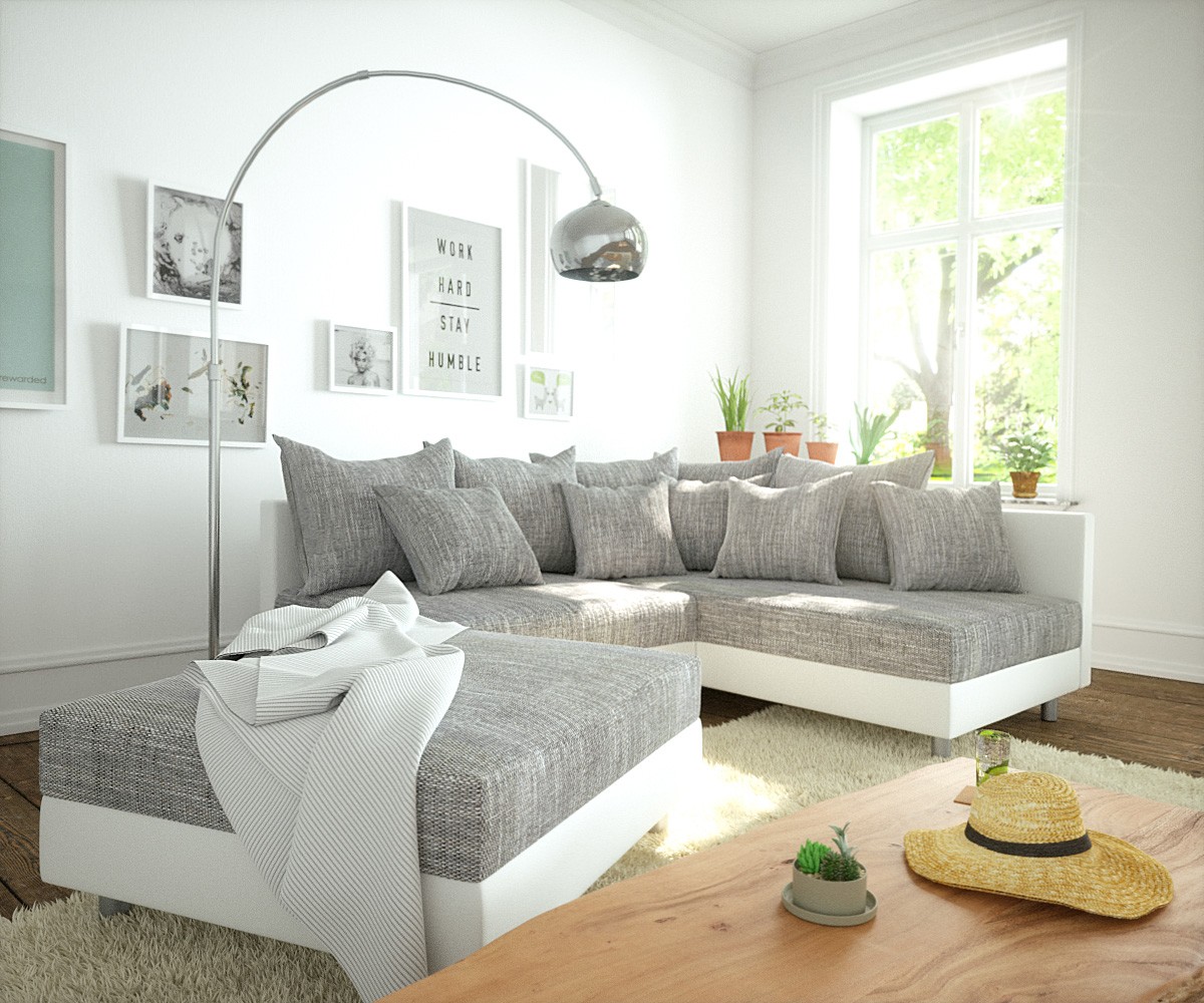 Ecksofa Clovis Weiss Hellgrau Hocker Ottomane Rechts modular von DELIFE