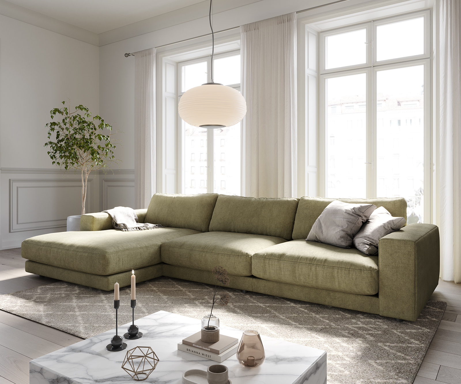 Ecksofa Cubico 350x190 cm Strukturstoff Olive Recamiere links von DELIFE