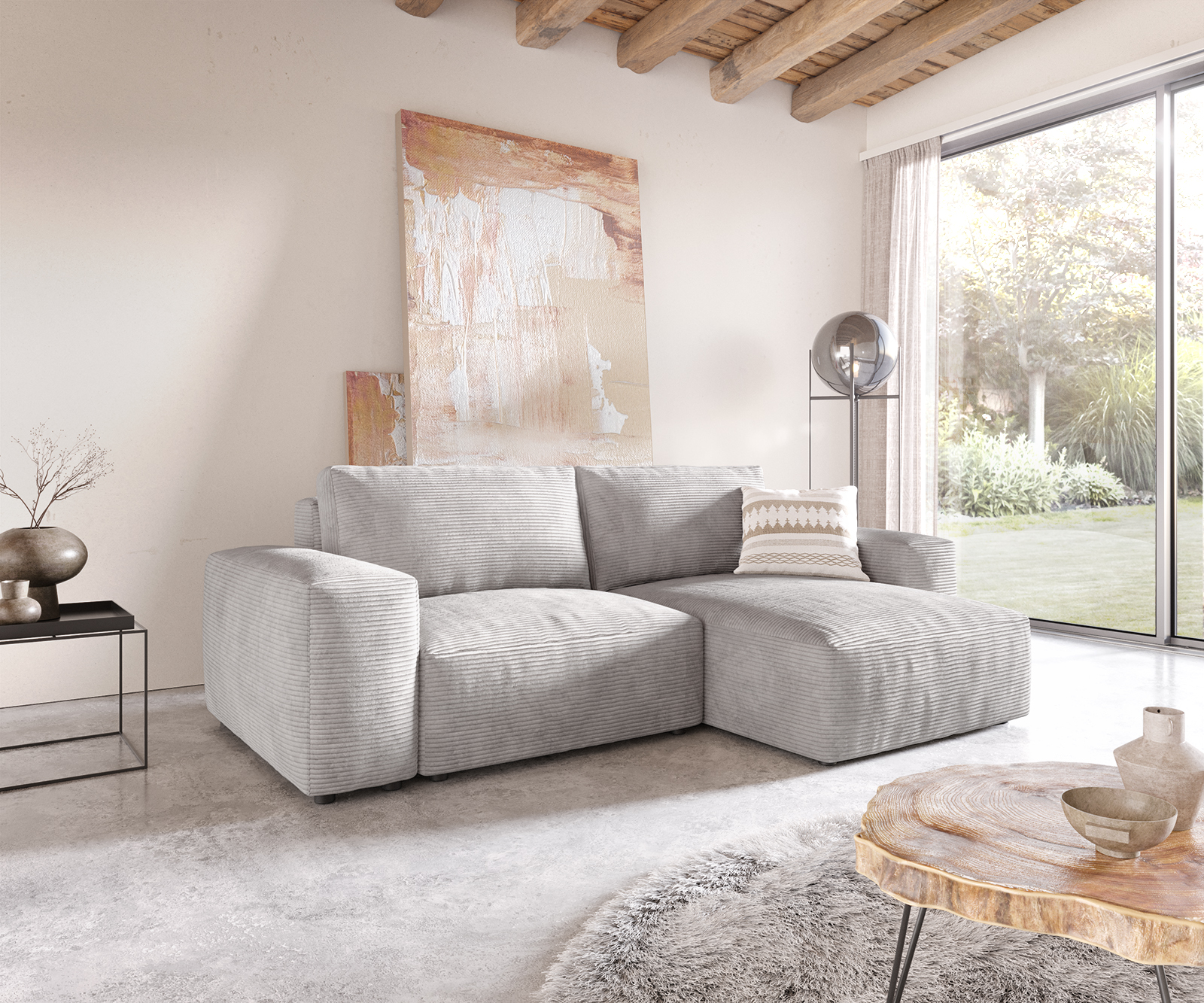 Ecksofa Lanzo L 260x160 cm Cord Silbergrau Recamiere variabel von DELIFE