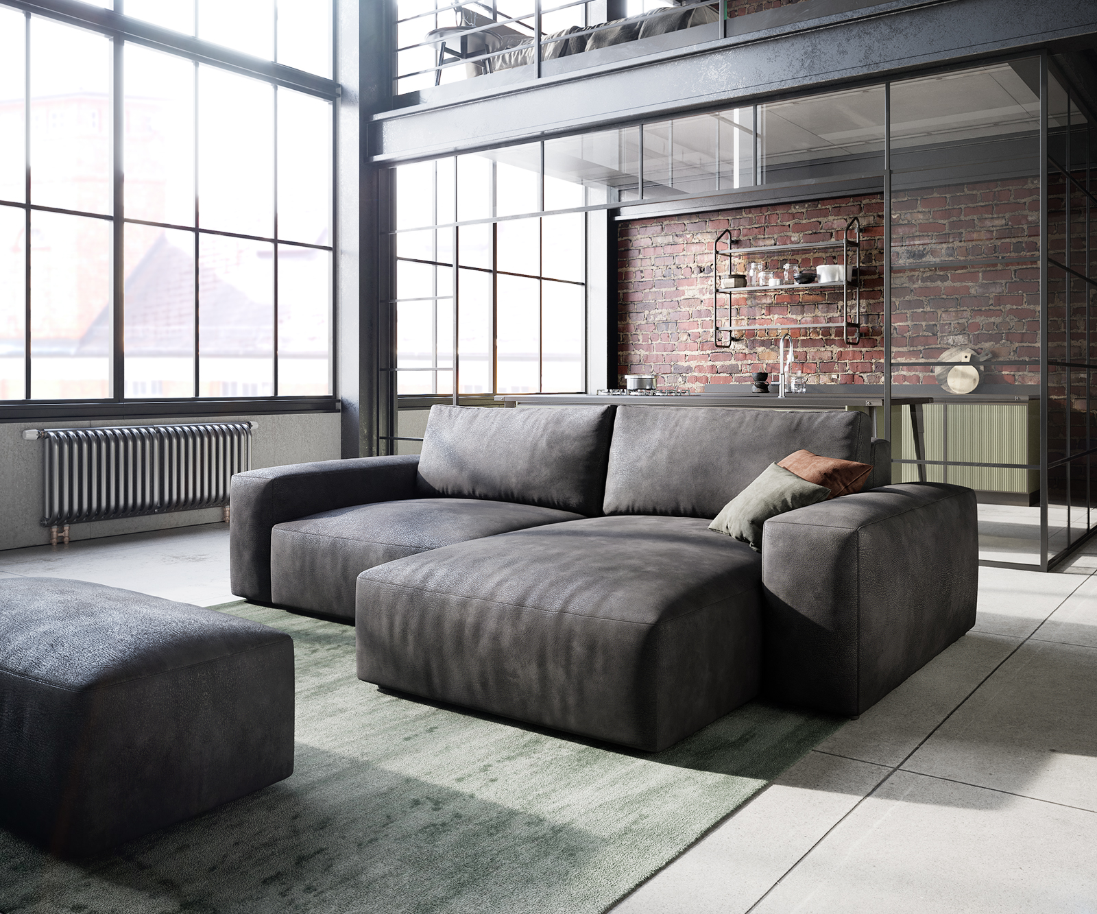 Ecksofa Lanzo L 260x160 cm Lederimitat Vintage Anthrazit Recamiere variabel mit Hocker von DELIFE