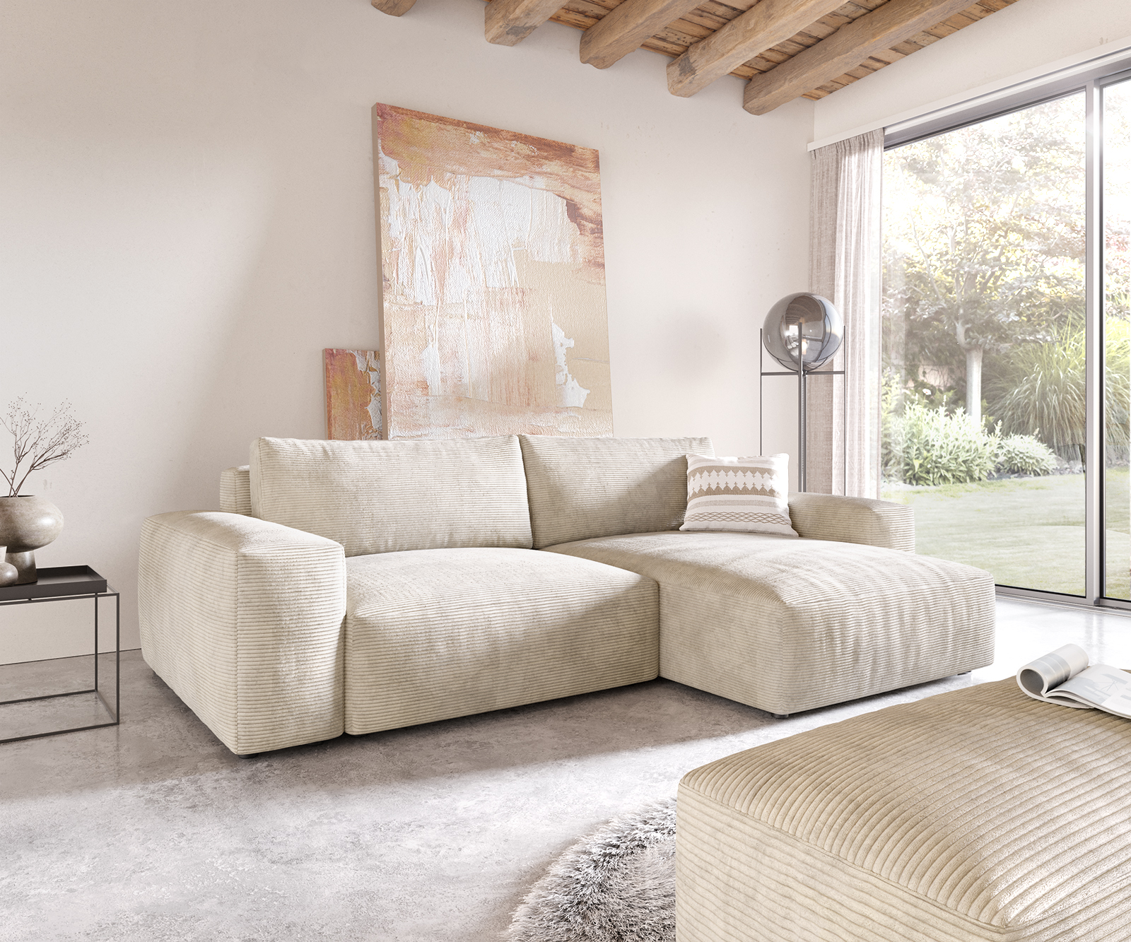 Ecksofa Lanzo XL 270x180 cm Cord Beige Recamiere variabel mit Hocker von DELIFE