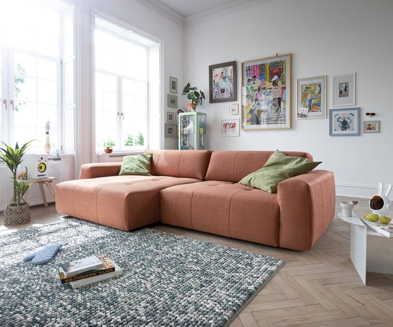Ecksofa Lazaro 300x160 cm Flachgewebe Orange Ottomane links mit Sitztiefenverstellung von DELIFE