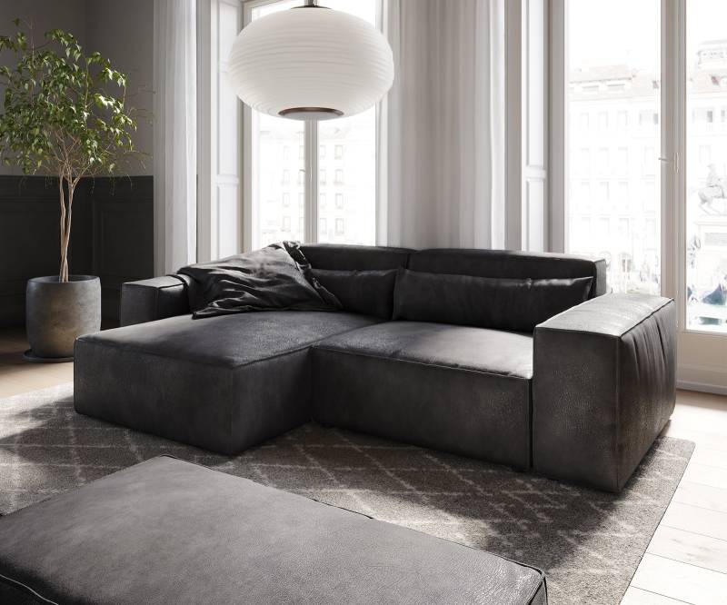 Ecksofa Sirpio 230x155 cm Lederimitat Vintage Anthrazit Recamiere variabel mit Hocker von DELIFE