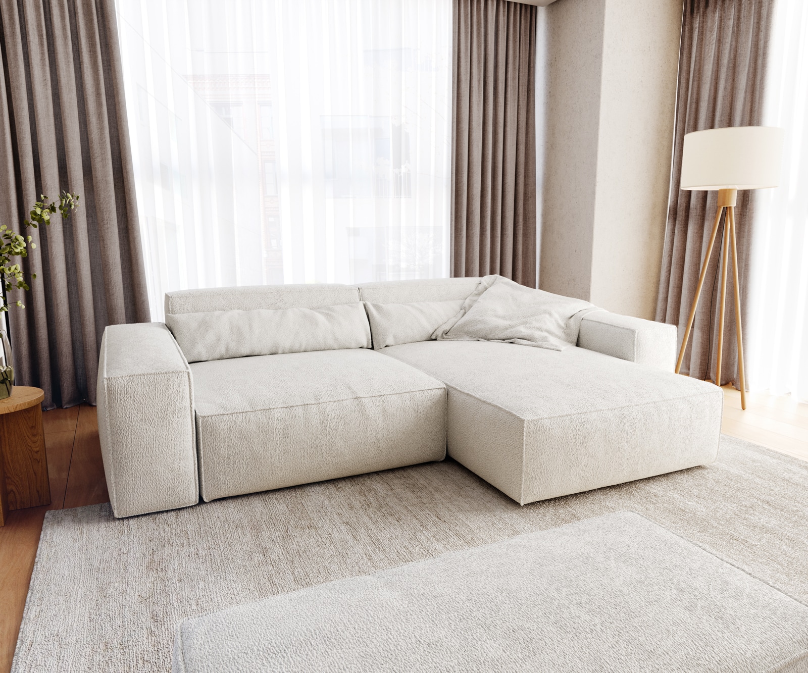 Ecksofa Sirpio XL 270x170 cm Bouclé Creme-Weiß Recamiere variabel mit Hocker von DELIFE