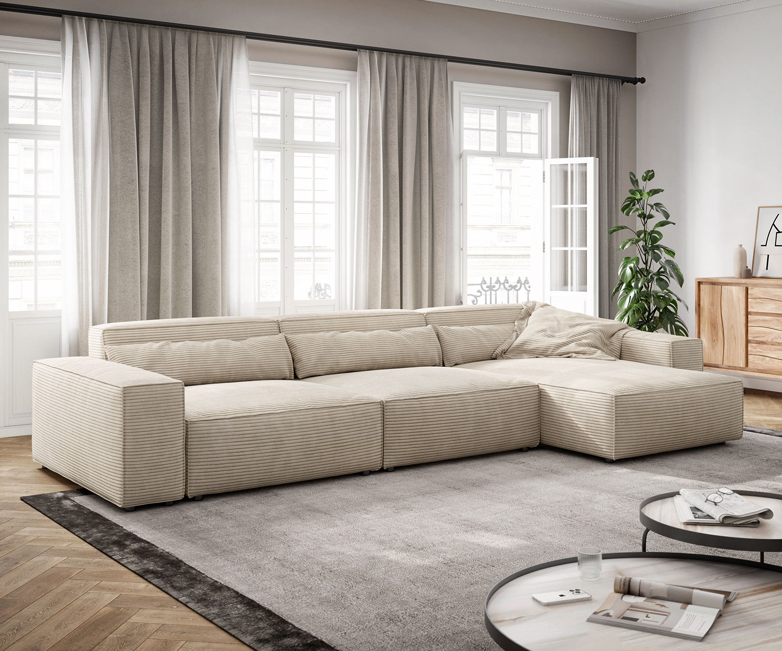 Ecksofa Sirpio XL 370x170 cm Cord Beige Recamiere variabel von DELIFE