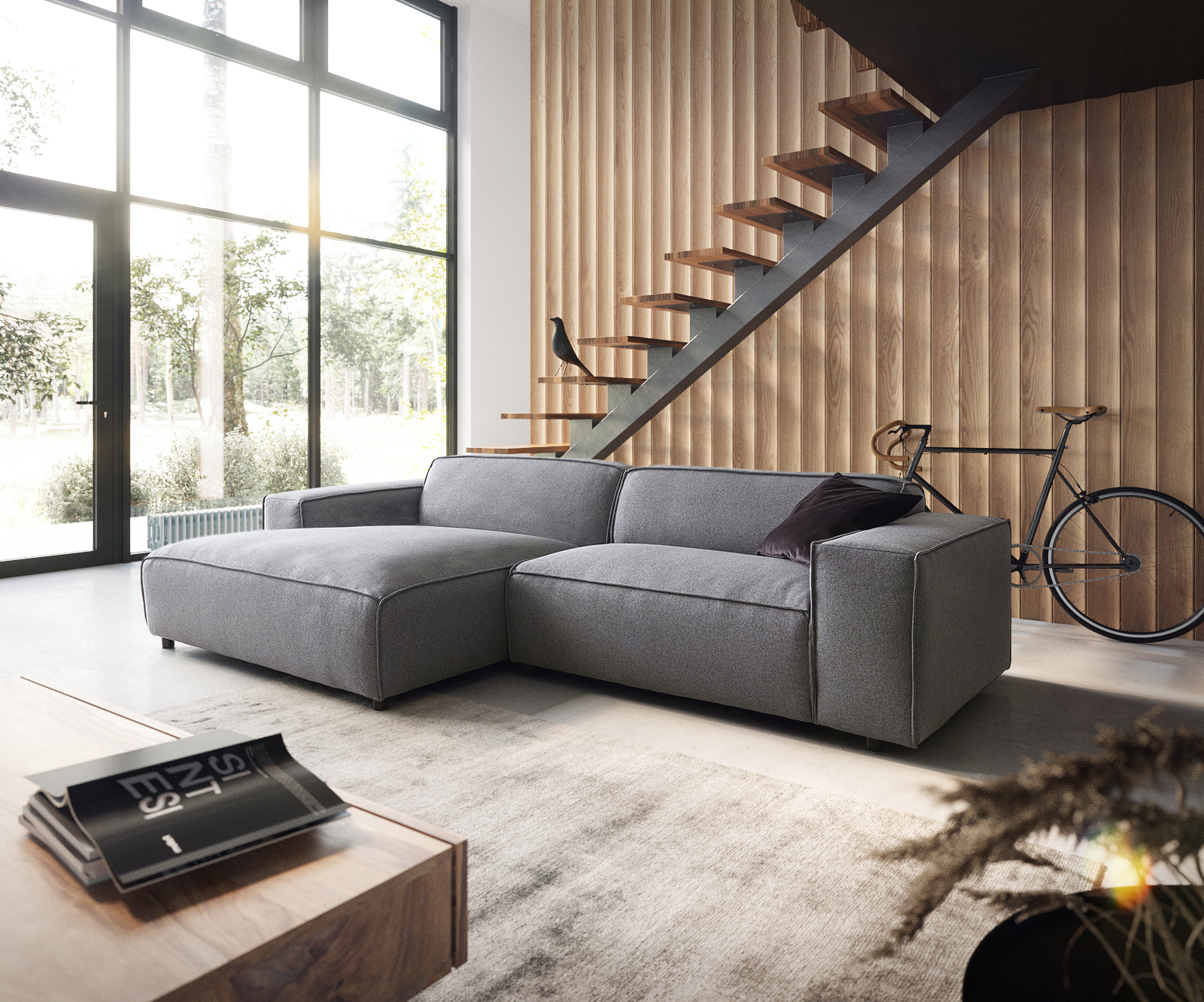 Ecksofa Tenso 280x165 cm Strukturstoff Grau Recamiere links von DELIFE