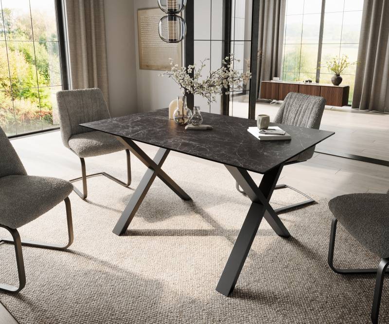 Esstisch Edge 140x90 Keramik Laminam®Nero Greco Anthrazit X-Gestell Metall Schwarz von DELIFE