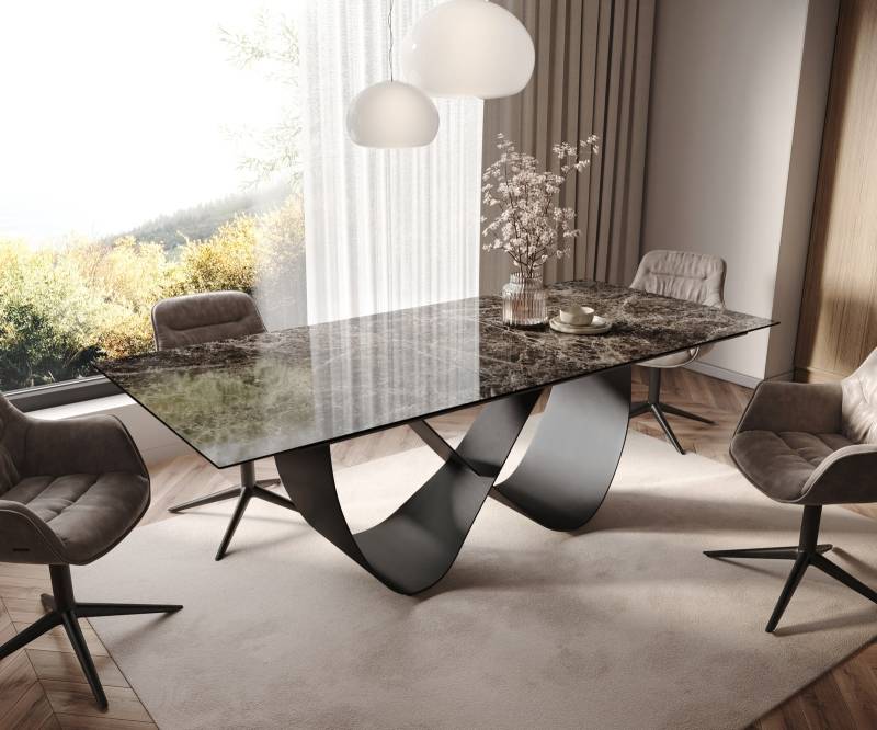 Esstisch Edge 180-220x100 Keramik Laminam® Emperador Extra Lucidato Dunkelbraun Infinity Metall Schwarz ausziehbar von DELIFE