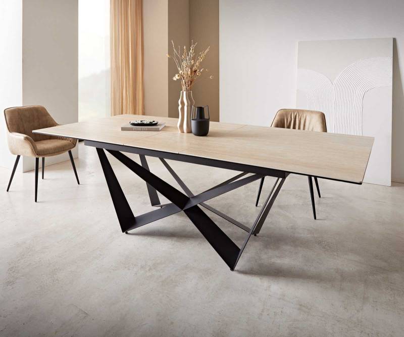 Esstisch Edge 180-220x100 Keramik Travertin Natur Spider Flachstahl Schwarz ausziehbar von DELIFE