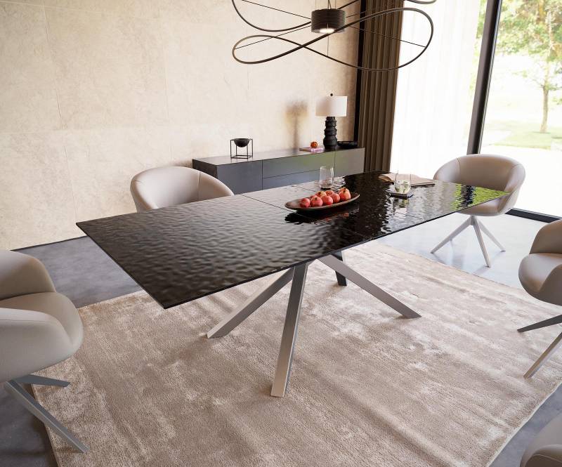 Esstisch Edge 180-220x100 Reliefglas Rauchschwarz 3D-Design Kreuzgestell Rechteck Edelstahl ausziehbar von DELIFE