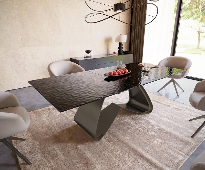 Esstisch Edge 180-220x100 Reliefglas Rauchschwarz 3D-Design W-Gestell Effektfinish Titan ausziehbar von DELIFE