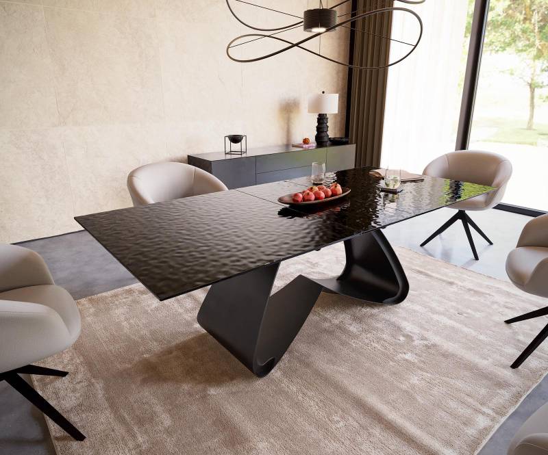Esstisch Edge 180-220x100 Reliefglas Rauchschwarz 3D-Design W-Gestell Schwarz ausziehbar von DELIFE