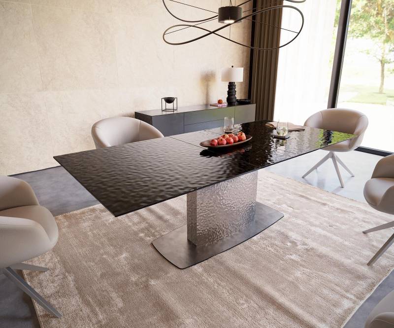 Esstisch Edge 180-220x100 Reliefglas Rauchschwarz 3D-Design Wave Edelstahl ausziehbar von DELIFE