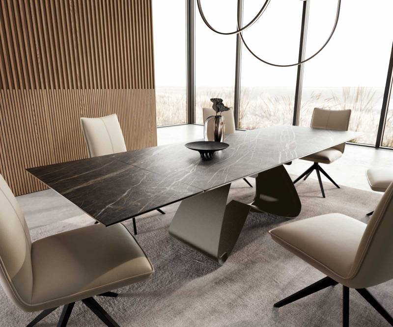 Esstisch Edge 200-300x100 Keramik Laminam®Noir Desir Braun W-Gestell Effektfinish Titan Ausziehbar von DELIFE