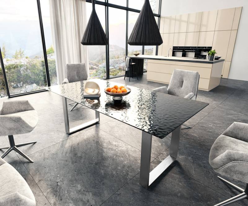 Esstisch Edge 200x100 Reliefglas Rauchschwarz 3D-Design Edelstahl Schmal von DELIFE