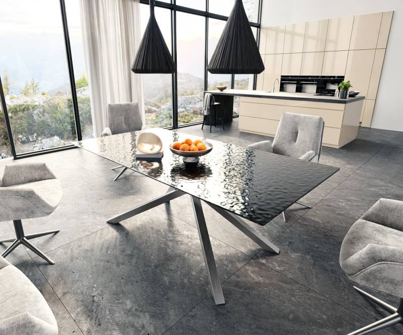Esstisch Edge 200x100 Reliefglas Rauchschwarz 3D-Design Kreuzgestell Rechteck Edelstahl von DELIFE