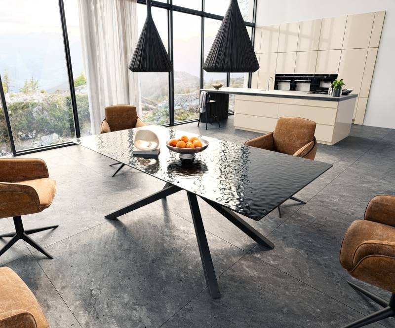 Esstisch Edge 200x100 Reliefglas Rauchschwarz 3D-Design Kreuzgestell Rechteck Schwarz von DELIFE