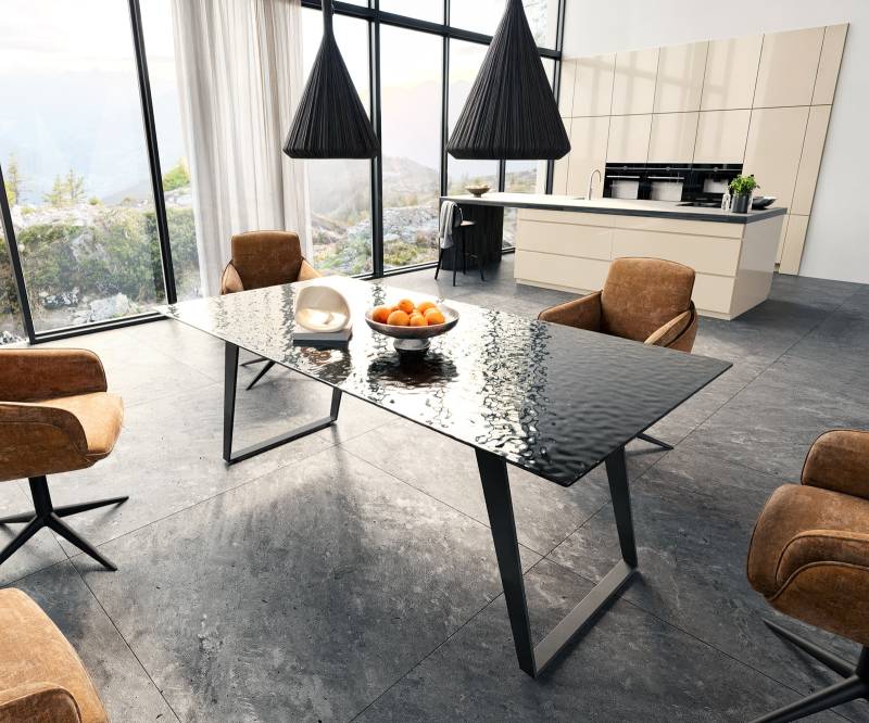 Esstisch Edge 200x100 Reliefglas Rauchschwarz 3D-Design Metall Schräg Schwarz von DELIFE