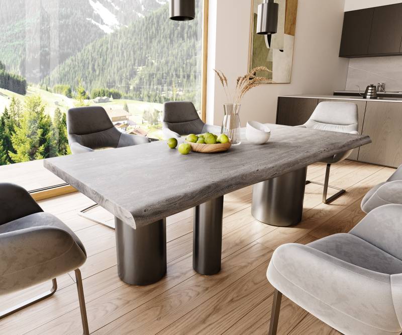 Esstisch Edge 220x100 XL Akazie Platin Troa Edelstahl Graphit Live-Edge von DELIFE