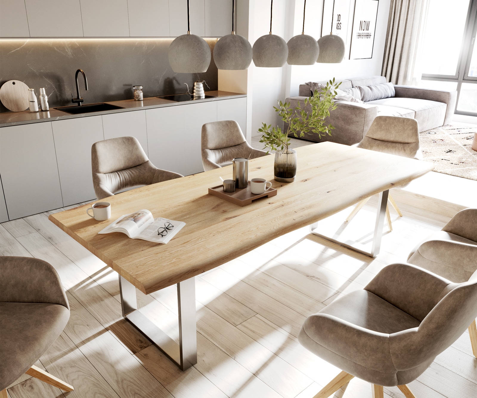 Esstisch Edge 260x100x2,5-3 Eiche Natur Edelstahl schmal Live-Edge Esstisch Edge 260x100x2,5-3 Eiche Natur Edelstahl schmal Live-Edge von DELIFE