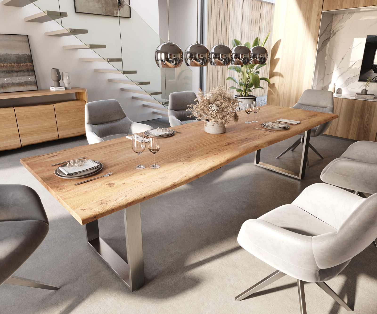 Esstisch Edge 300x100 Akazie Natur Edelstahl Schmal Live-Edge von DELIFE
